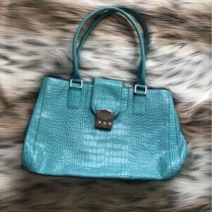 VALERIE STEVENS BAG TOTE SHOULDER CROC PRINT BLUE (AQUA) SNAP CLOSURE